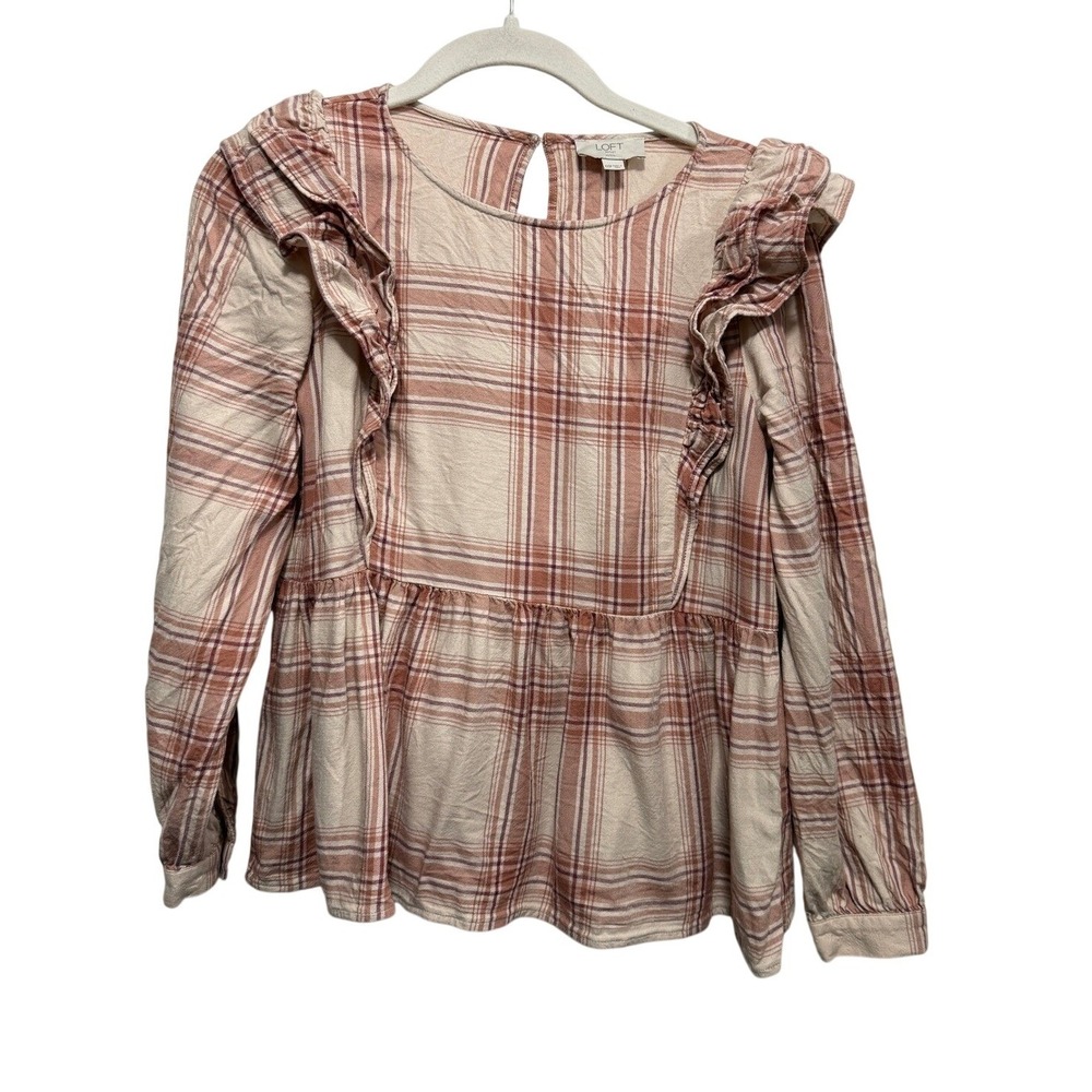 LOFT Outlet Petite Plaid Ruffle Peplum Blouse XXSP Pink Cream Flounce preppy